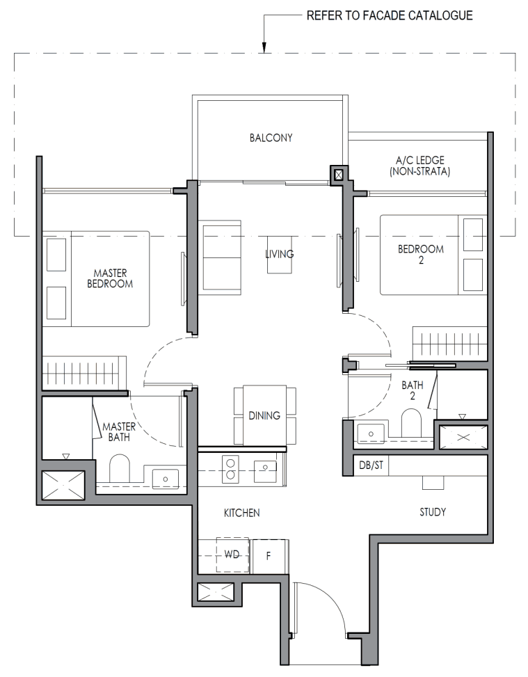 Floor plan of the 2 Bedroom + Study show unit at Lucerne Grand, Type B2S, 62 sq m / 667 sq ft, with a dumbbell layout, balcony, and a study next to Bedroom 2.