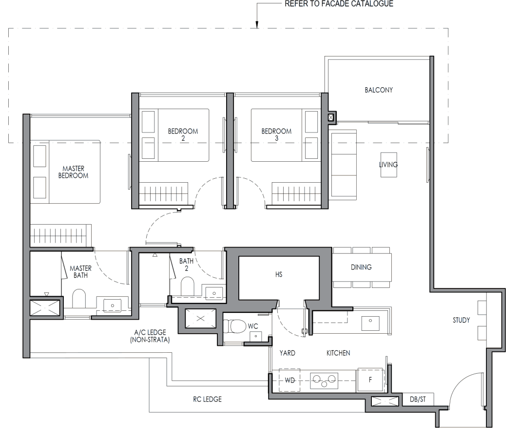 Floor plan of the 3 Bedroom Premium + Study show unit at Lucerne Grand, Type CP2S, 93 sq m / 1,001 sq ft, with an open-concept study, balcony and yard.