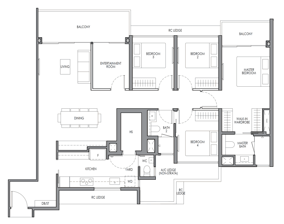 Floor plan of the 4 Bedroom Premium + Entertainment show unit at Lucerne Grand, Type DP1E, 133 sq m / 1,432 sq ft, with an entertainment room, large kitchen, two balconies and a master walk-in wardrobe.