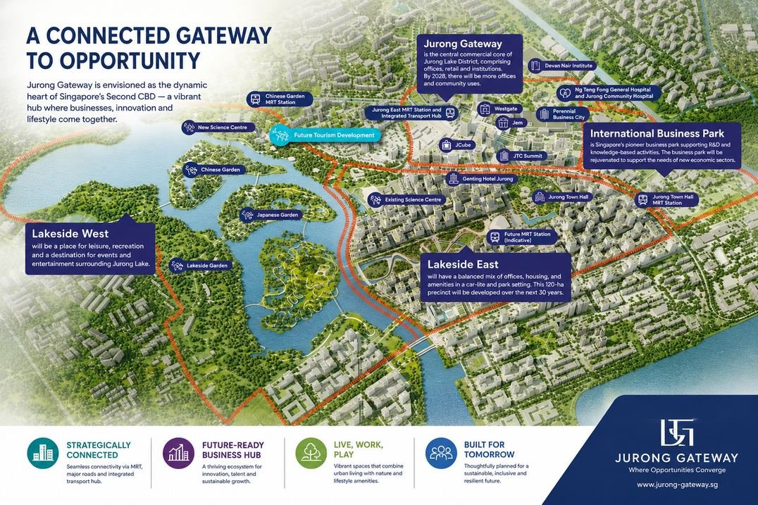 Aerial masterplan of Jurong Lake District showing Jurong Gateway, Lakeside East, Lakeside West, the International Business Park and Jurong Lake Gardens.