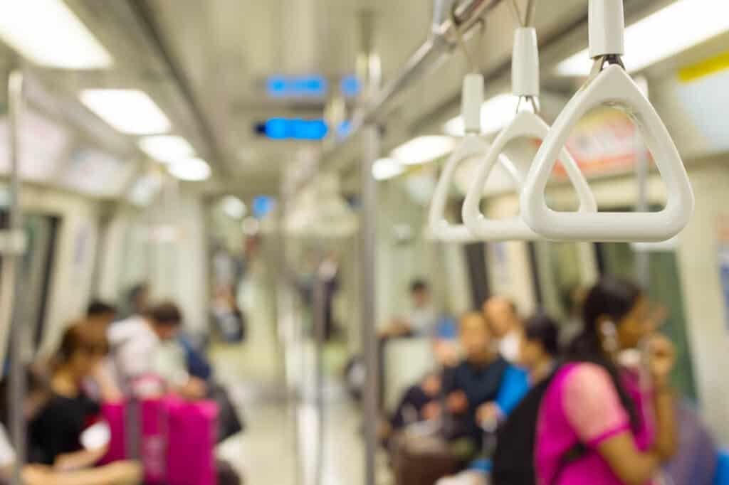 Interior of a Singapore MRT train on the East–West Line serving Lakeside station.