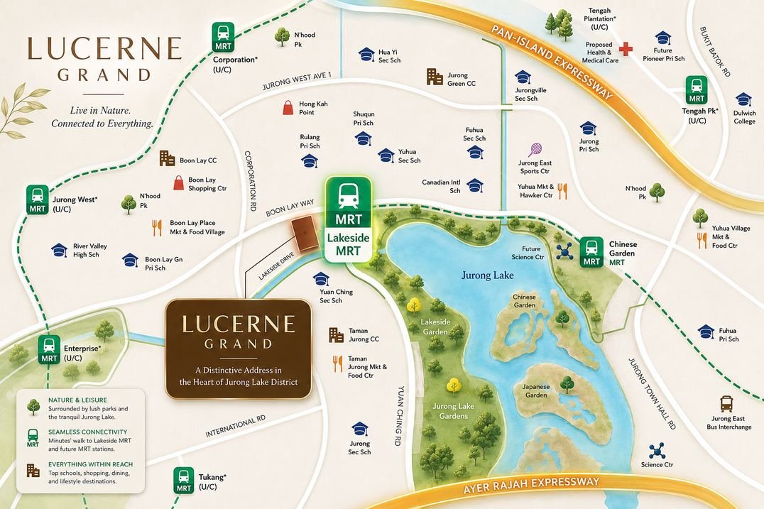 Location map showing Lucerne Grand at Lakeside Drive beside Lakeside MRT, Jurong Lake and Jurong Lake Gardens, with nearby schools, malls and the PIE and AYE expressways.