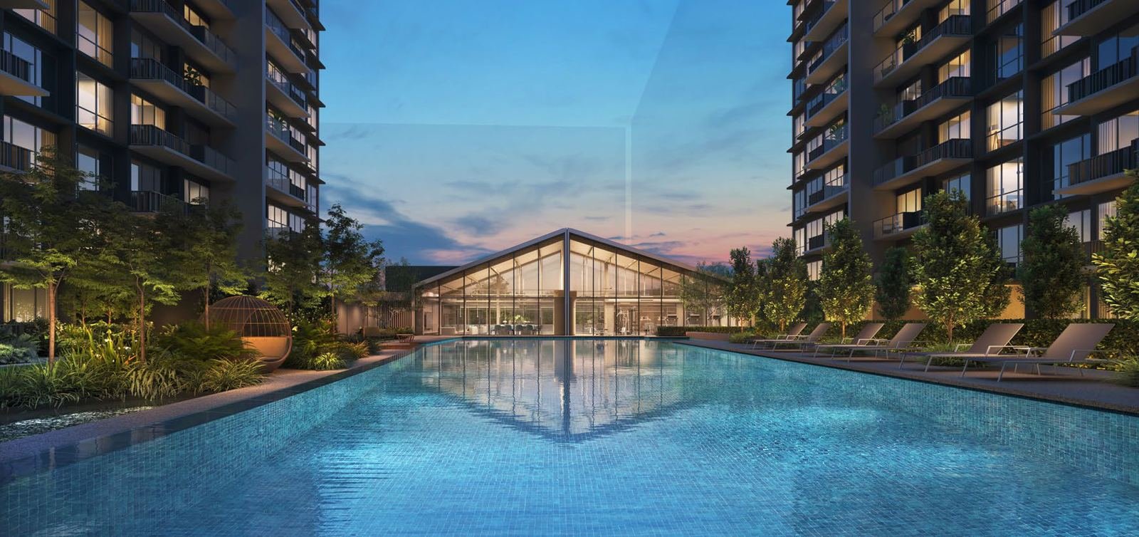 Artist's impression of Club Lucerne at dusk — the glasshouse clubhouse with function room and gymnasium, reflected in the lap pool at Lucerne Grand.