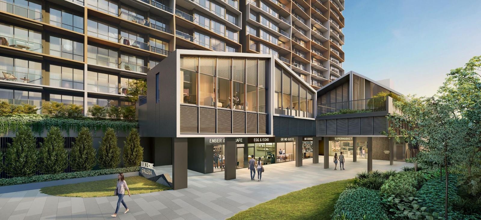 Artist's impression of the Community Plaza at Lucerne Grand, with cafés, restaurants and a supermarket at the street-level Lucerne Galleria.