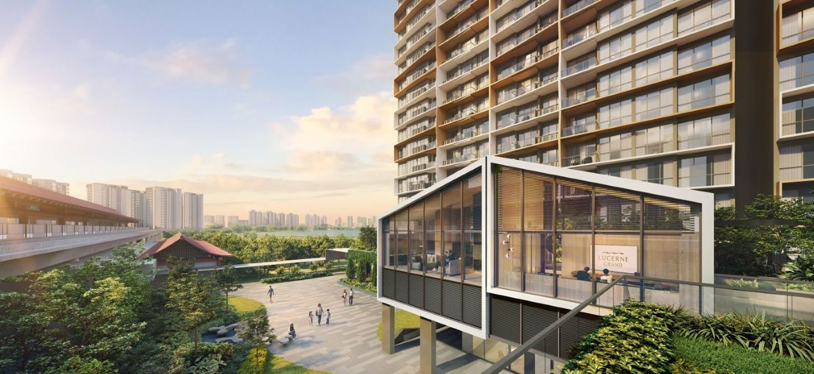 Artist's impression of Lucerne Grand beside Lakeside MRT station, with the Lucerne Grand clubhouse pavilion in the foreground and the 17-storey residential blocks above.