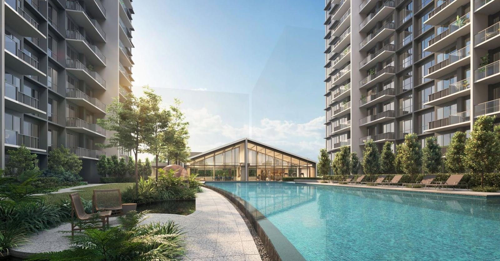 Artist's impression of the crescent-shaped lap pool and aqua lounge at Lucerne Grand, leading towards the glass clubhouse between the residential blocks.